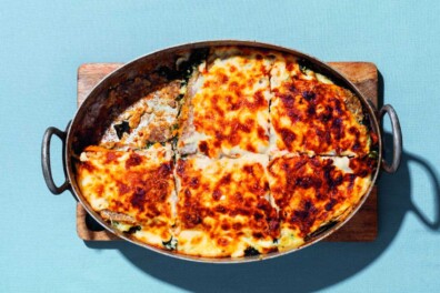 Kastanjelasagne met pompoen en palmkool